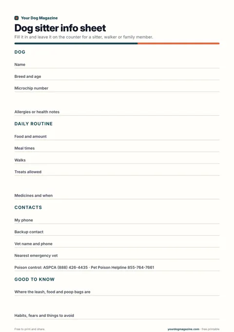 Dog sitter info sheet